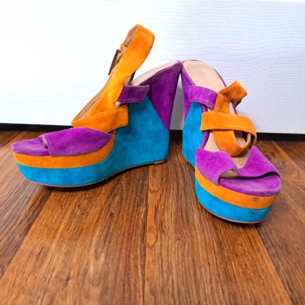Aldo Colorblock Wedge Sandals Purple Orange Blue Size 40 8
